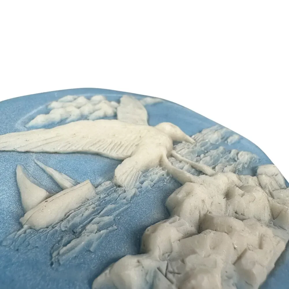 Vintage Incolay‎ Trinket Box w/ Lid Seagull Sailboat Jewelry Box Jasperware Blue
